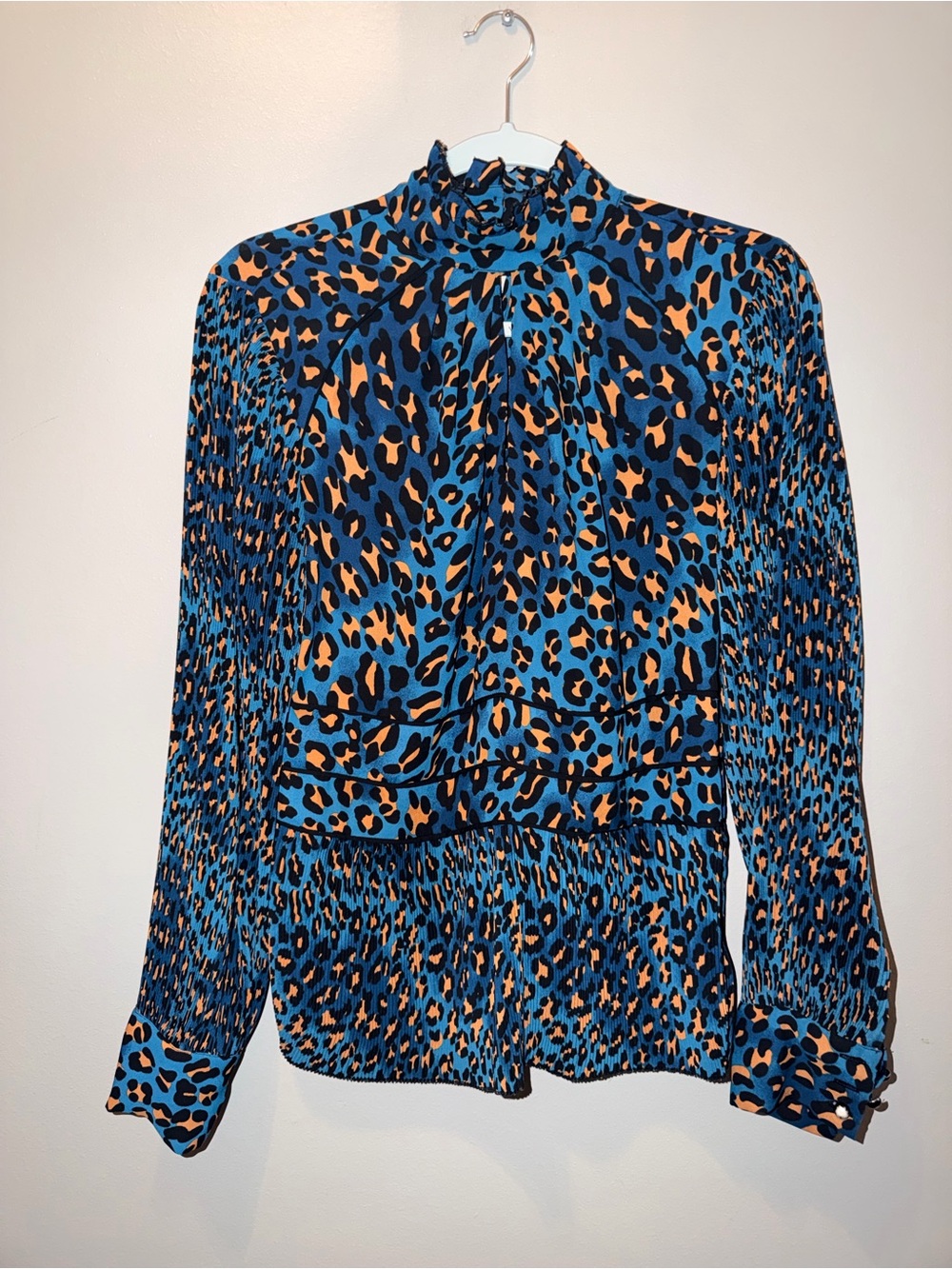 New York & Company Blue and Orange Leopard-Print High Neck Blouse